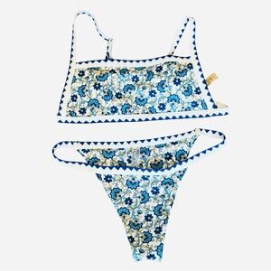 NWOT Blue White Yellow Greek Parisian Bikini Swim Suit Cheeky M L Sexy